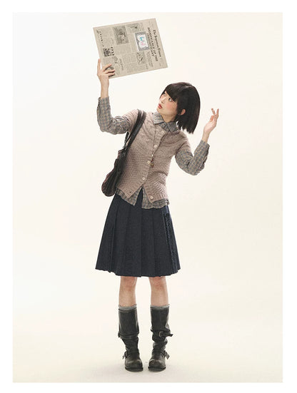 "Rice Knit" Wool-Blend Short Sleeve Knit Cardigan (Moss Coffee Green/ Dusk Dusty Pink)