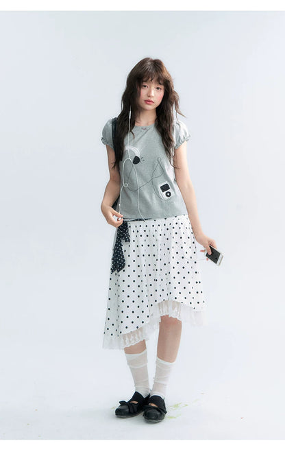 "Polka Poetry" Black & White Polka Dot Asymmetrical Cotton Skirt