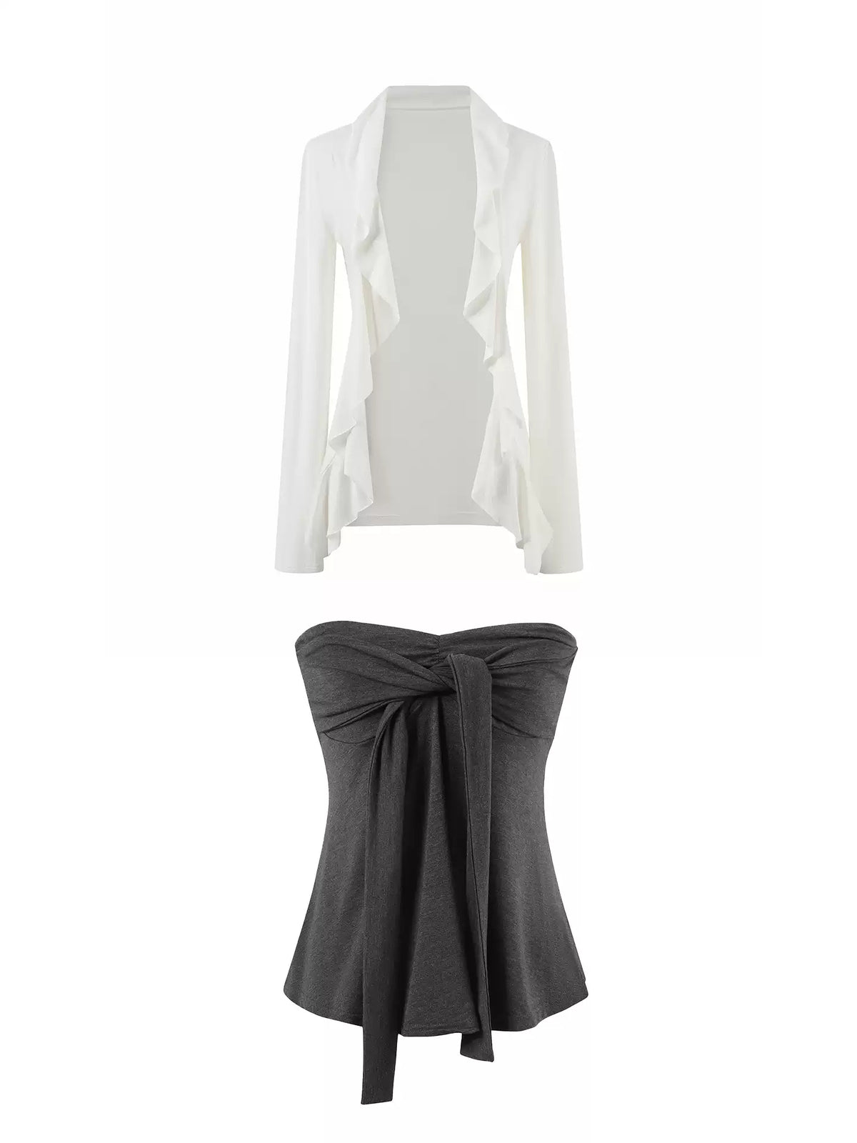 JN's DESIGN - White Ruffle Overshirt & Gray Cami Set