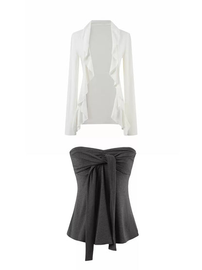 JN's DESIGN - White Ruffle Overshirt & Gray Cami Set