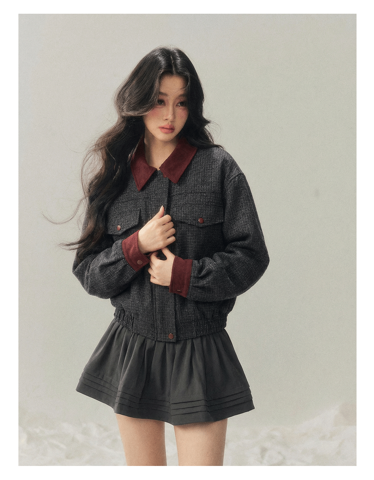 少也眼 "Falling Wutong Leaves" Hepburn Wool Tweed Two-Piece Set - Gray