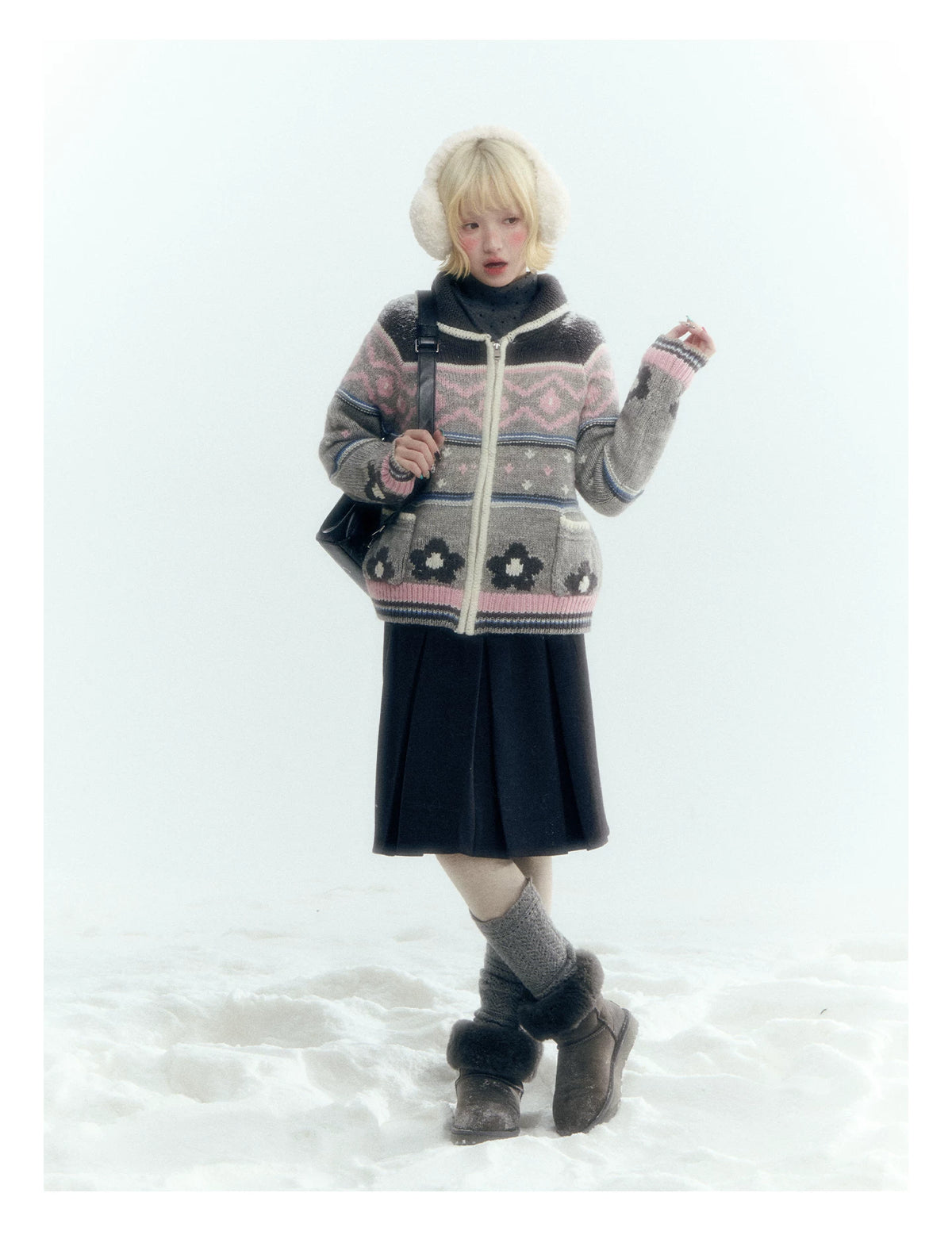 Horridale - Gray Pink Fair Isle Floral Zip-Up Knit Cardigan