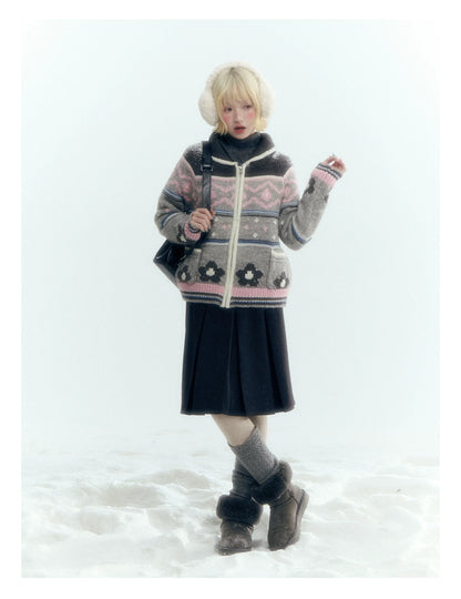 Horridale - Gray Pink Fair Isle Floral Zip-Up Knit Cardigan