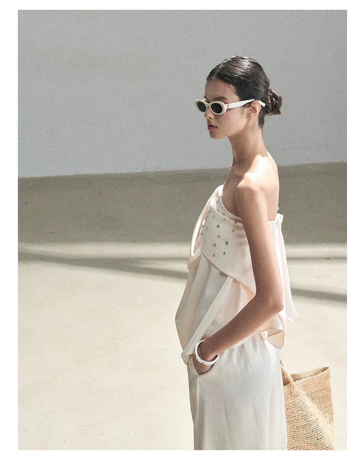 "Summer Rain at Dusk" Cream Beige Satin Two-Piece Set