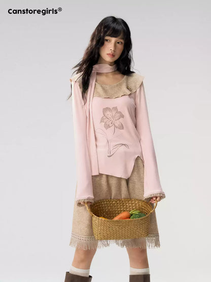 [CAN] "Dusky Floral Whispers" Blush & Chestnut Brown Set (Long Sleeve Top / Tassel Mini Skirt)
