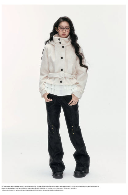 24olvides - Beige Hooded Wool-Blend Coat with Waist Belt