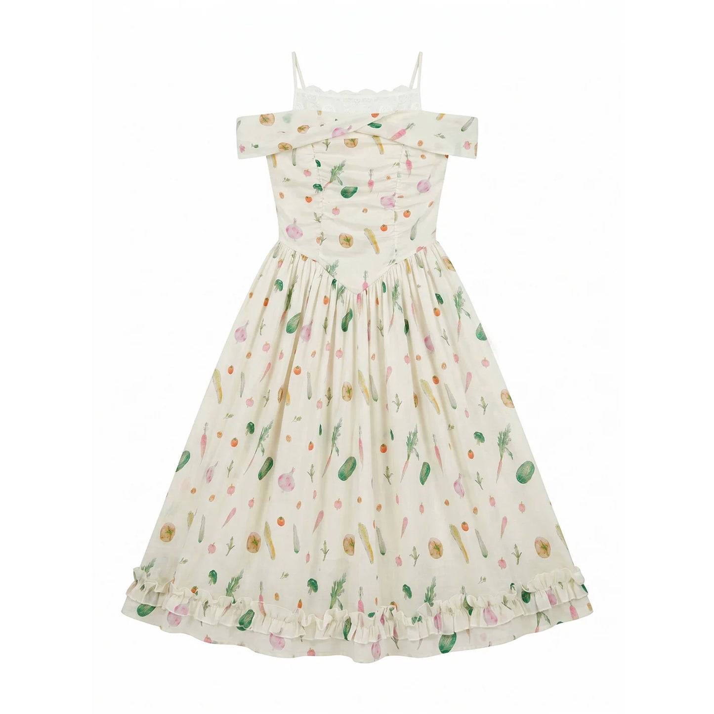 “Verdant Orchard Reverie” Beige Fruit Print Off-Shoulder Dress
