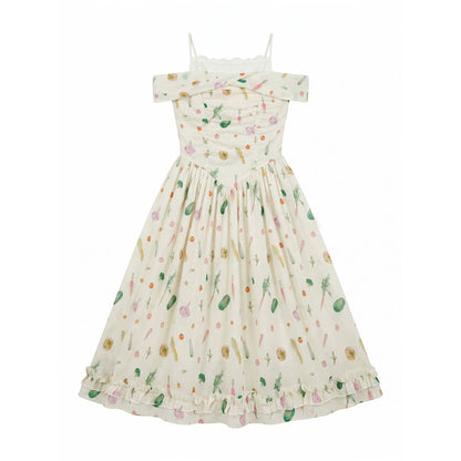 “Verdant Orchard Reverie” Beige Fruit Print Off-Shoulder Dress