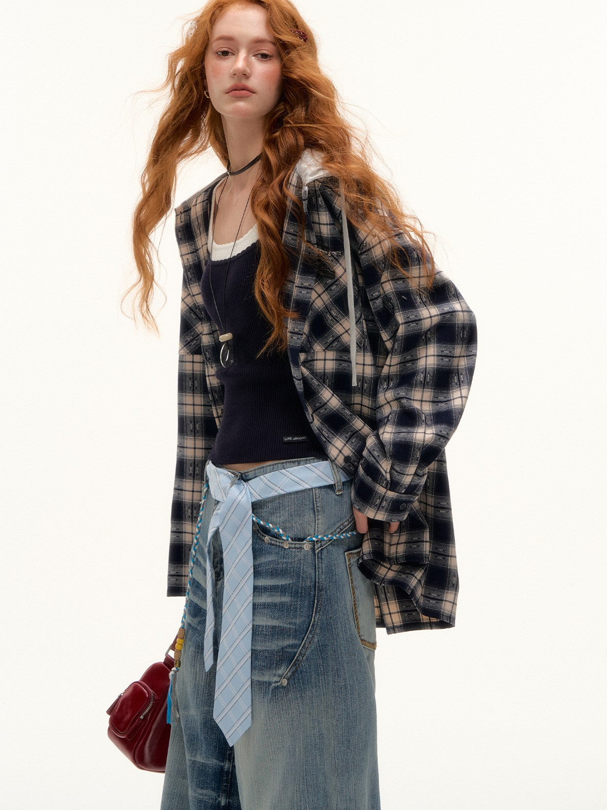 ASGONY - Retro Plaid Contrast Hoodie Shirt