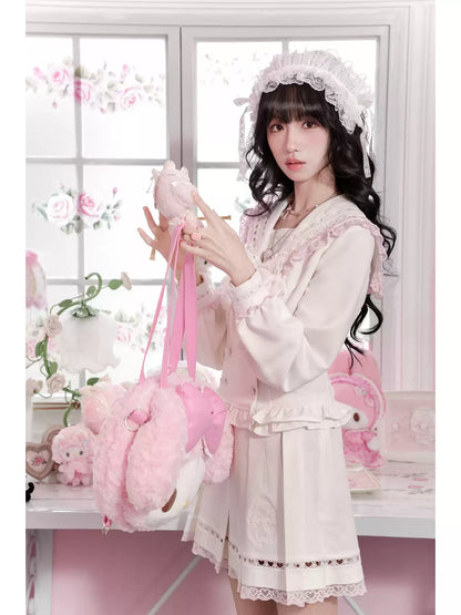 KYOUKO - My Melody White and Pink Lace Sailor Top, Heart Pleated Skirt and Tulle Skirt Set