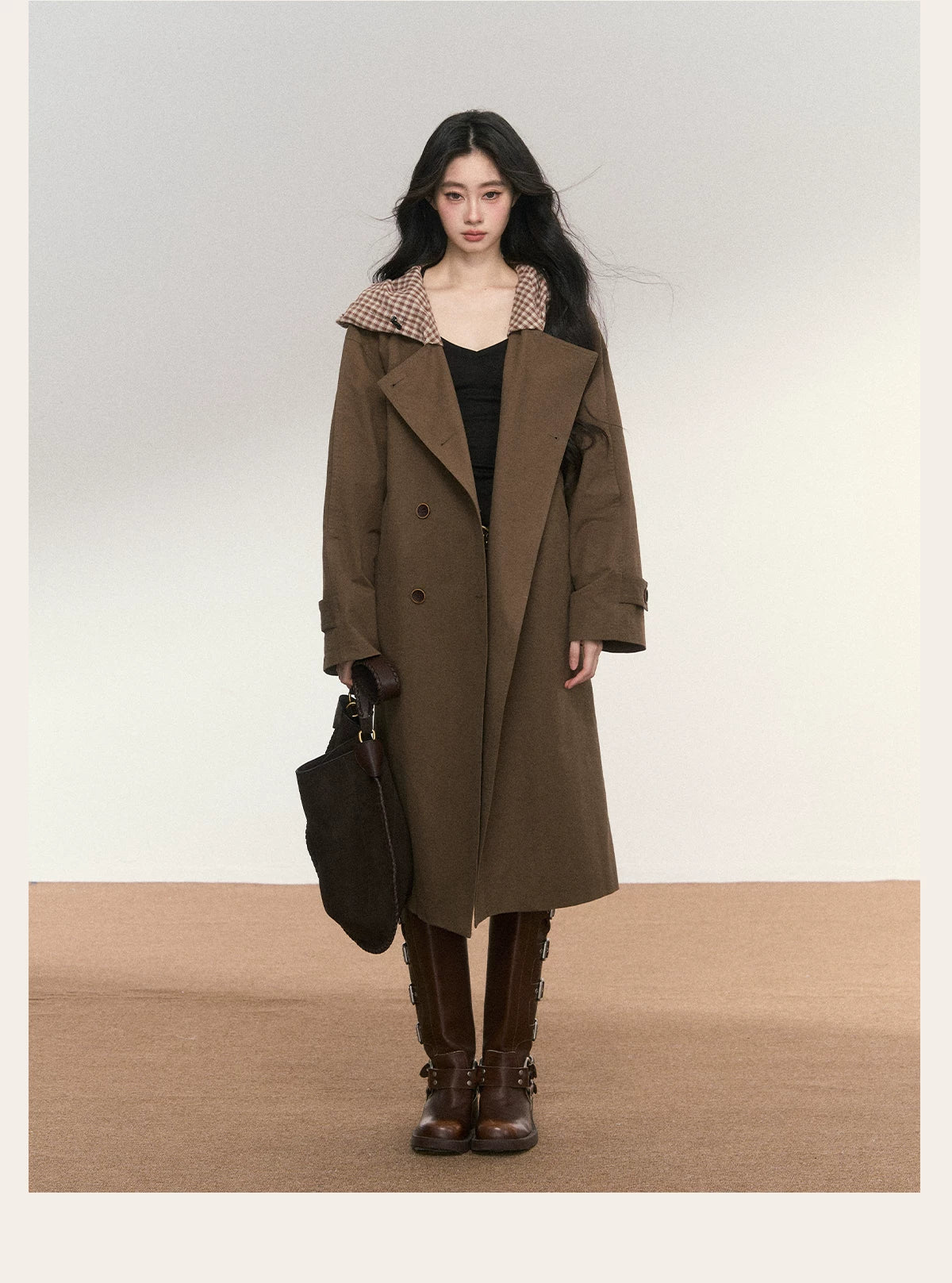 JN's DESIGN - Vintage Plaid Panel Hooded Trench Coat