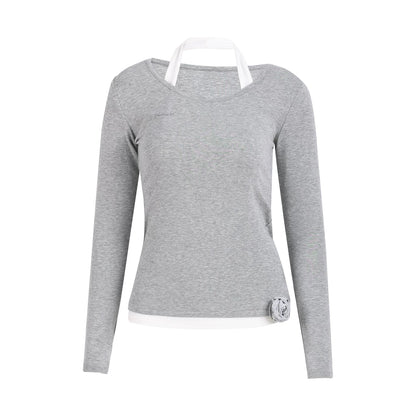"Layered Grace" Gray Halter Two-Piece Long Sleeve Top