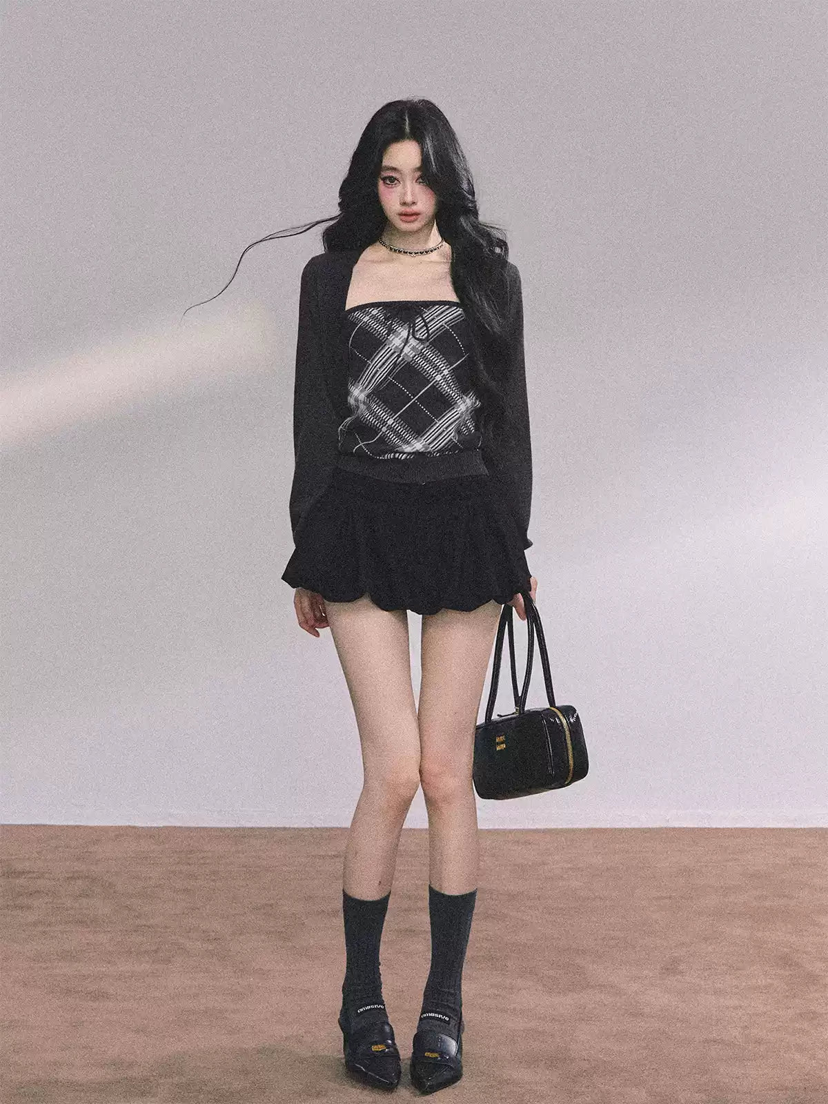 少也眼 Preppy American-Style Plaid Knit Set