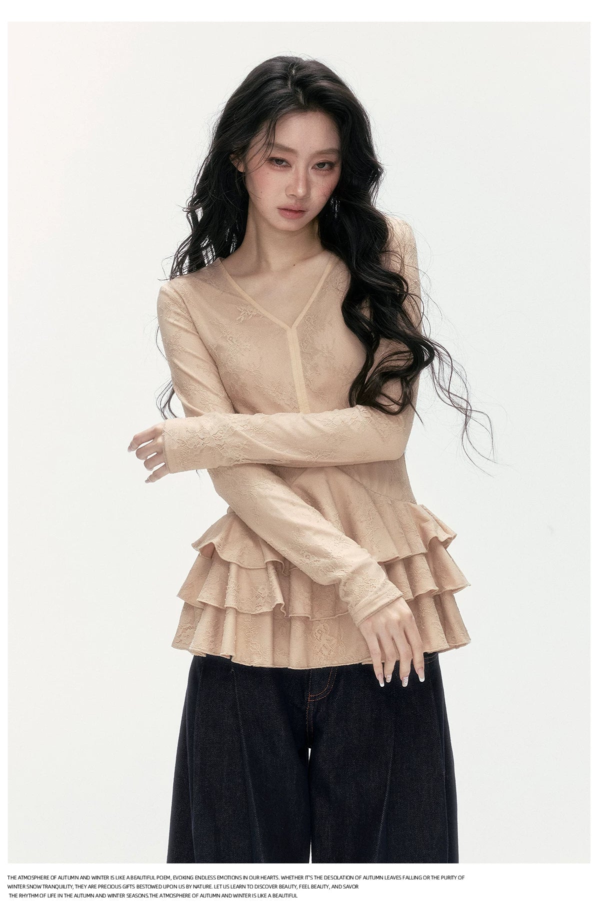 24olvides - V-Neck Lace Top with Tiered Hem (White / Khaki)