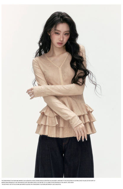 24olvides - V-Neck Lace Top with Tiered Hem (White / Khaki)
