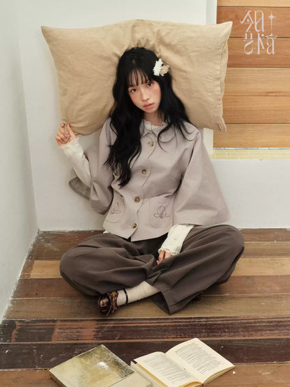 DAILY ARTIST - Taupe Brown Rose Embroidered Cape-Sleeve Jacket