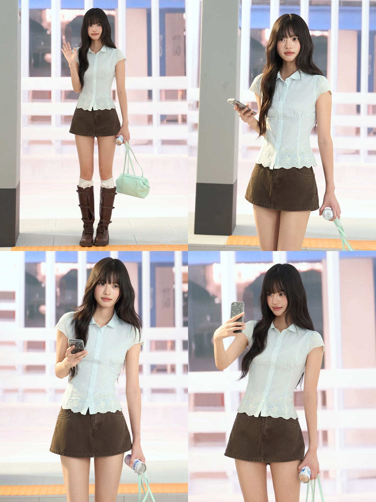 "Garden Departure" Green Waist-Defined Peter Pan Collar Blouse