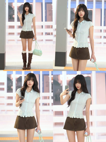 "Garden Departure" Green Waist-Defined Peter Pan Collar Blouse