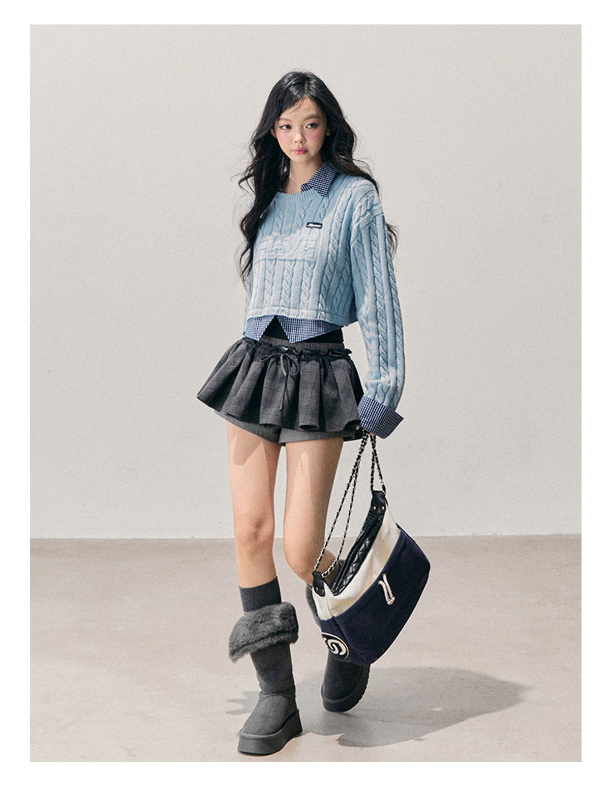 少也眼 “Falling Blue” Faux-Layered Wool Knit Sweater 658454