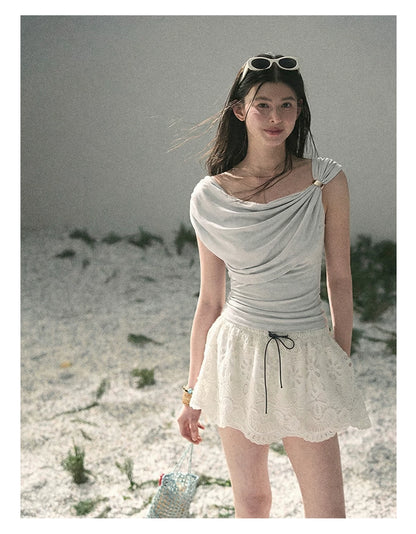 “When the Wind Stole Moonlight” Moonstone Draped Off-Shoulder Top