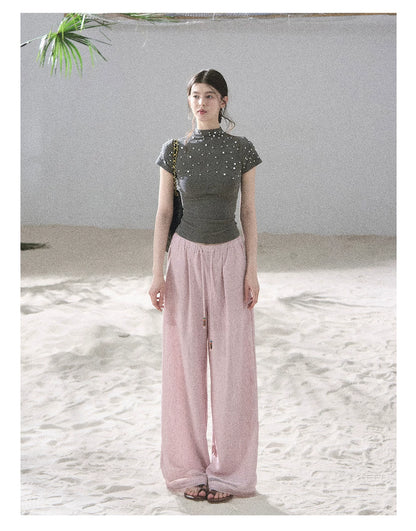 "Follow the Sea Breeze" Lightweight Straight-Leg Wide-Leg Pants (Lotus Pink/ Gray Sage Green/ Gray Blue)