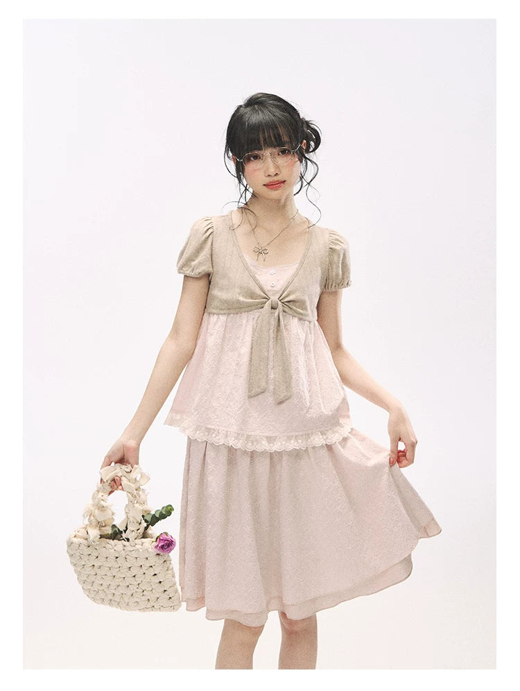 "Sweetheart Pages" Blush Pink Bow Puff Sleeve Top & A-Line Skirt Set