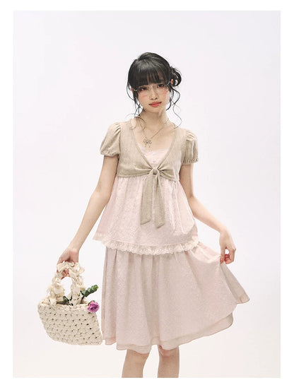 "Sweetheart Pages" Blush Pink Bow Puff Sleeve Top & A-Line Skirt Set