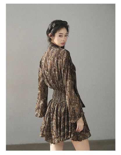 "Wait for a Tree of Blossoms" Cocoa Brown French Long-Sleeve Chiffon Dress (+ Camisole)