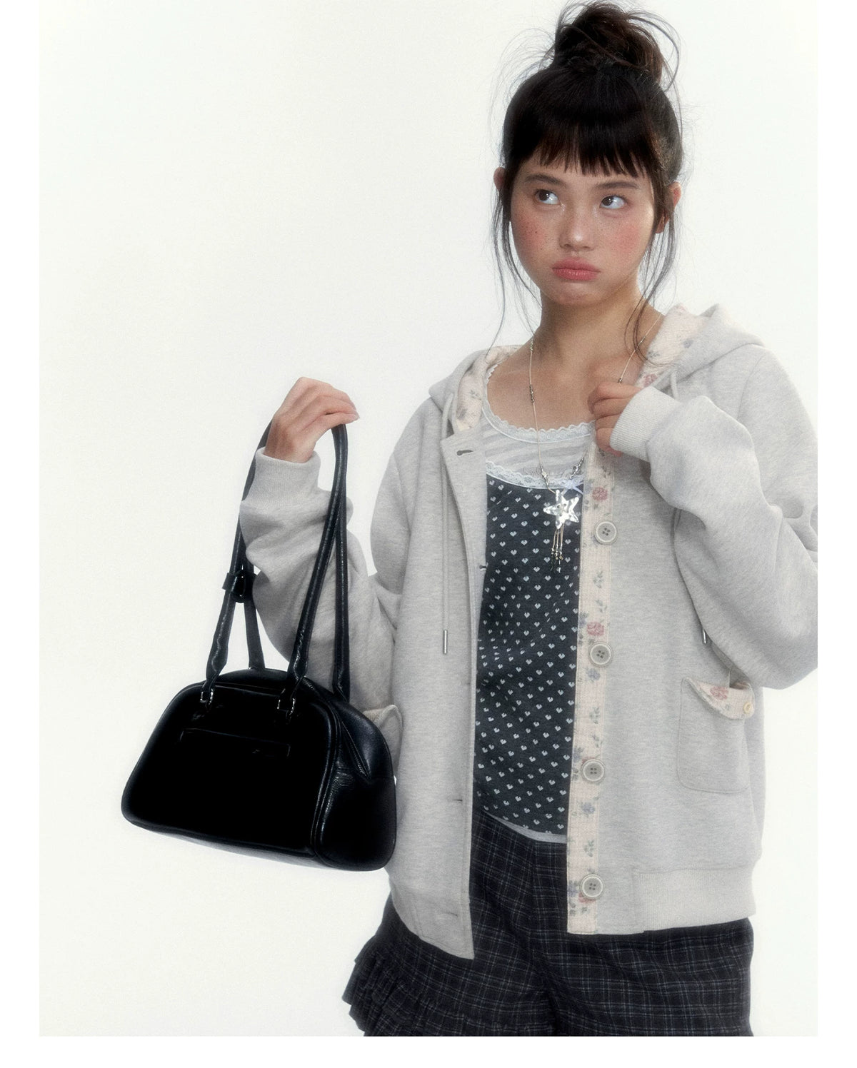 “Blooming Reverie” Light Heather Gray Floral Hooded Cardigan Sweatshirt