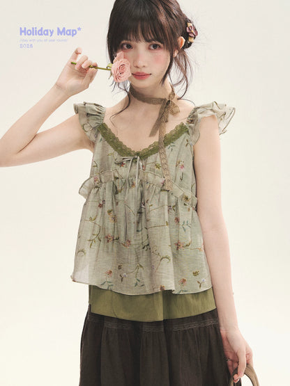 "Enchanted Forest" Moss Green Floral Lace Ruffle Cami Top