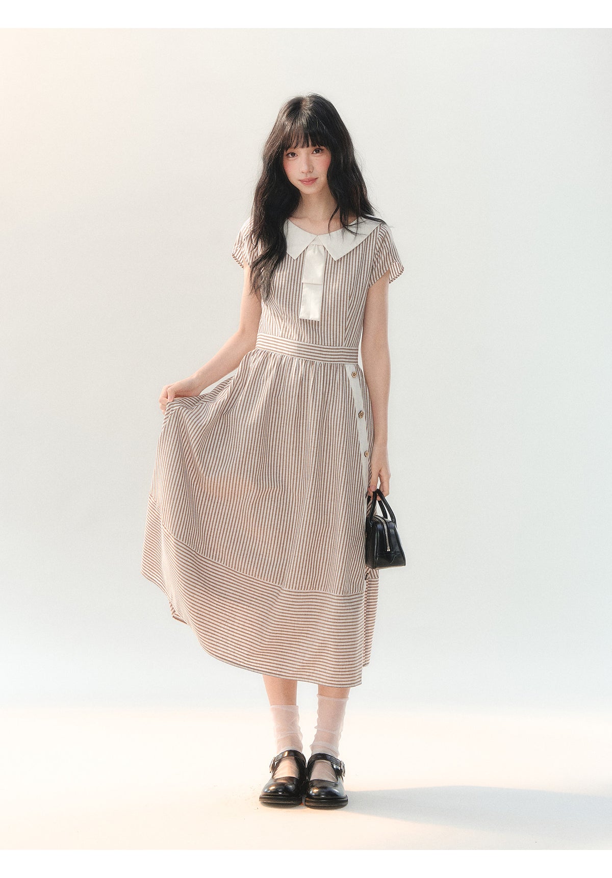 [CAN] "Coffee Meets Cream" Mocha Stripe Bow Collar Dress