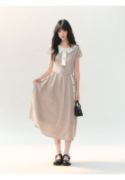 [CAN] "Coffee Meets Cream" Mocha Stripe Bow Collar Dress
