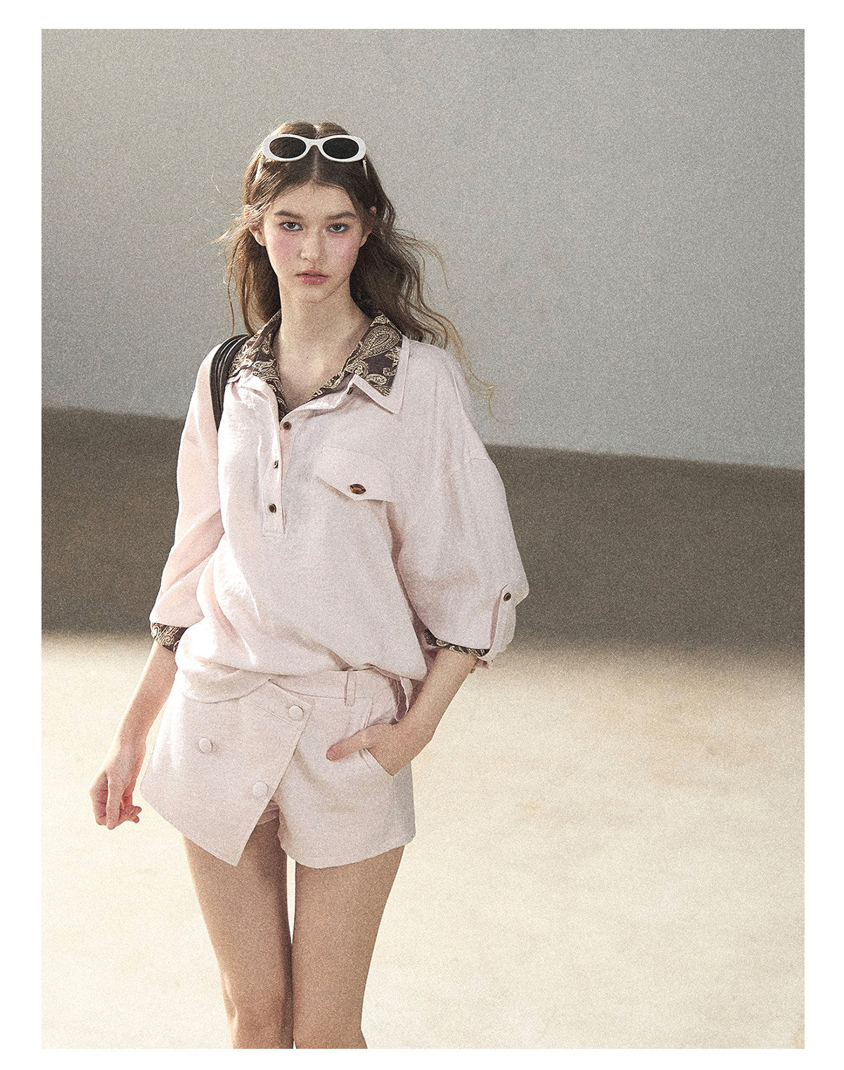170726 "A Touch of Autumn Frost" Soft Pink Paisley Shirt & Skort Set