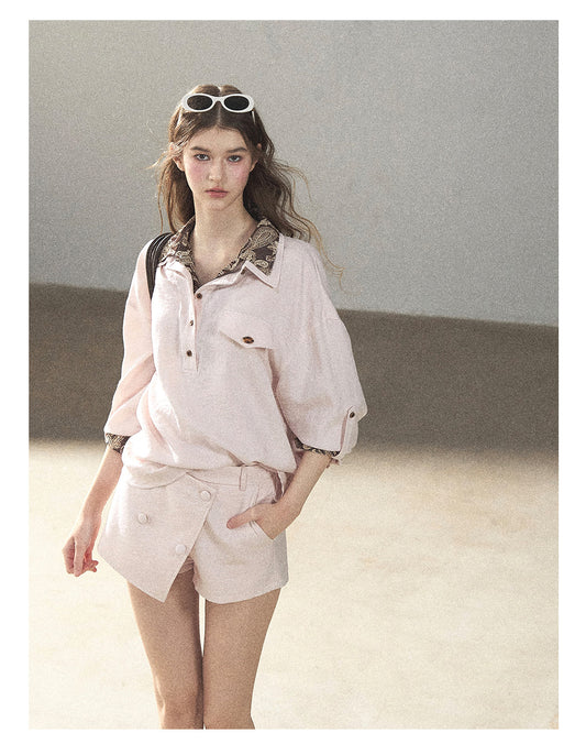 170726A "A Touch of Autumn Frost" Soft Pink Paisley Shirt & Skort Set