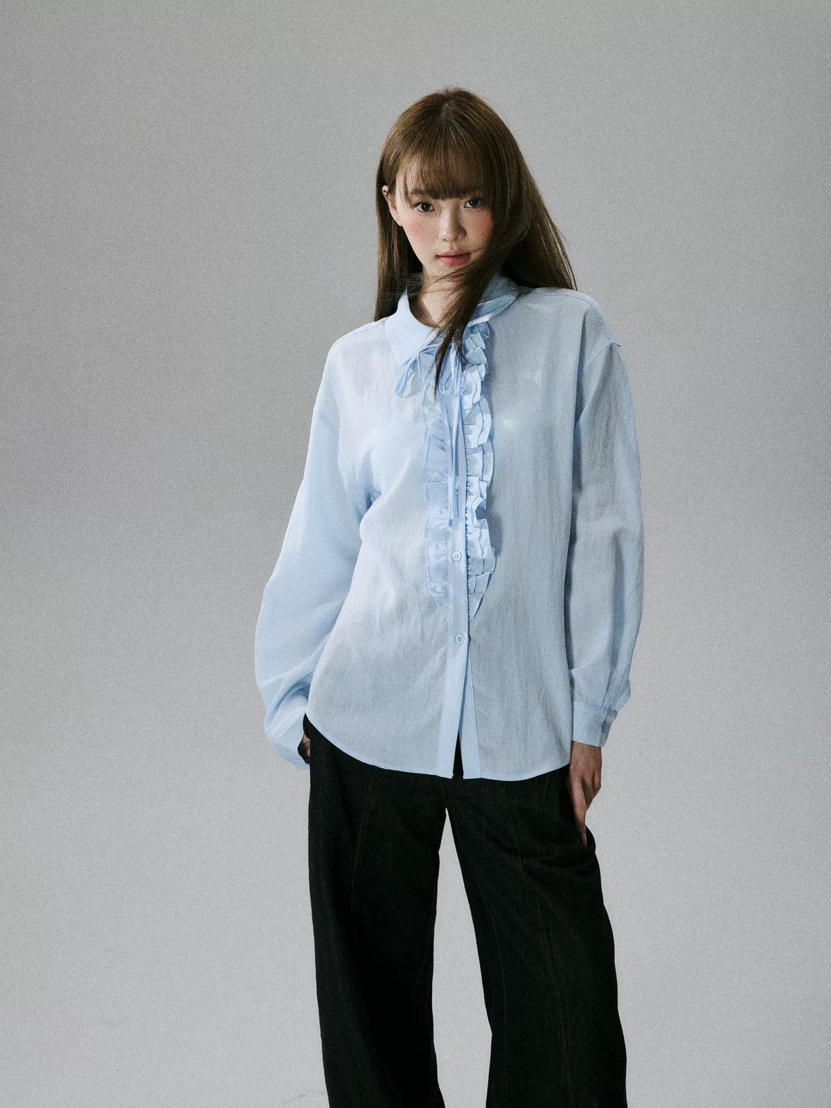 LOST FOREST - Water Blue Asymmetrical Lyocell Tie-Strap Blouse with Ruffle Trim