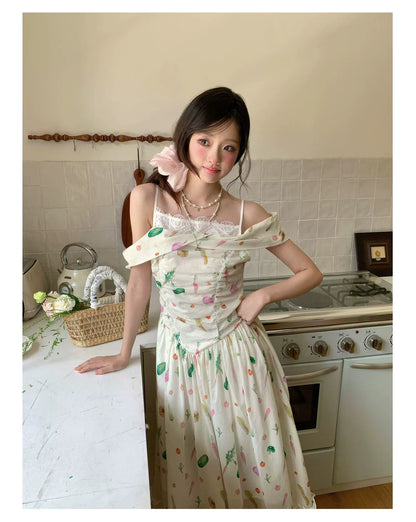 “Verdant Orchard Reverie” Beige Fruit Print Off-Shoulder Dress