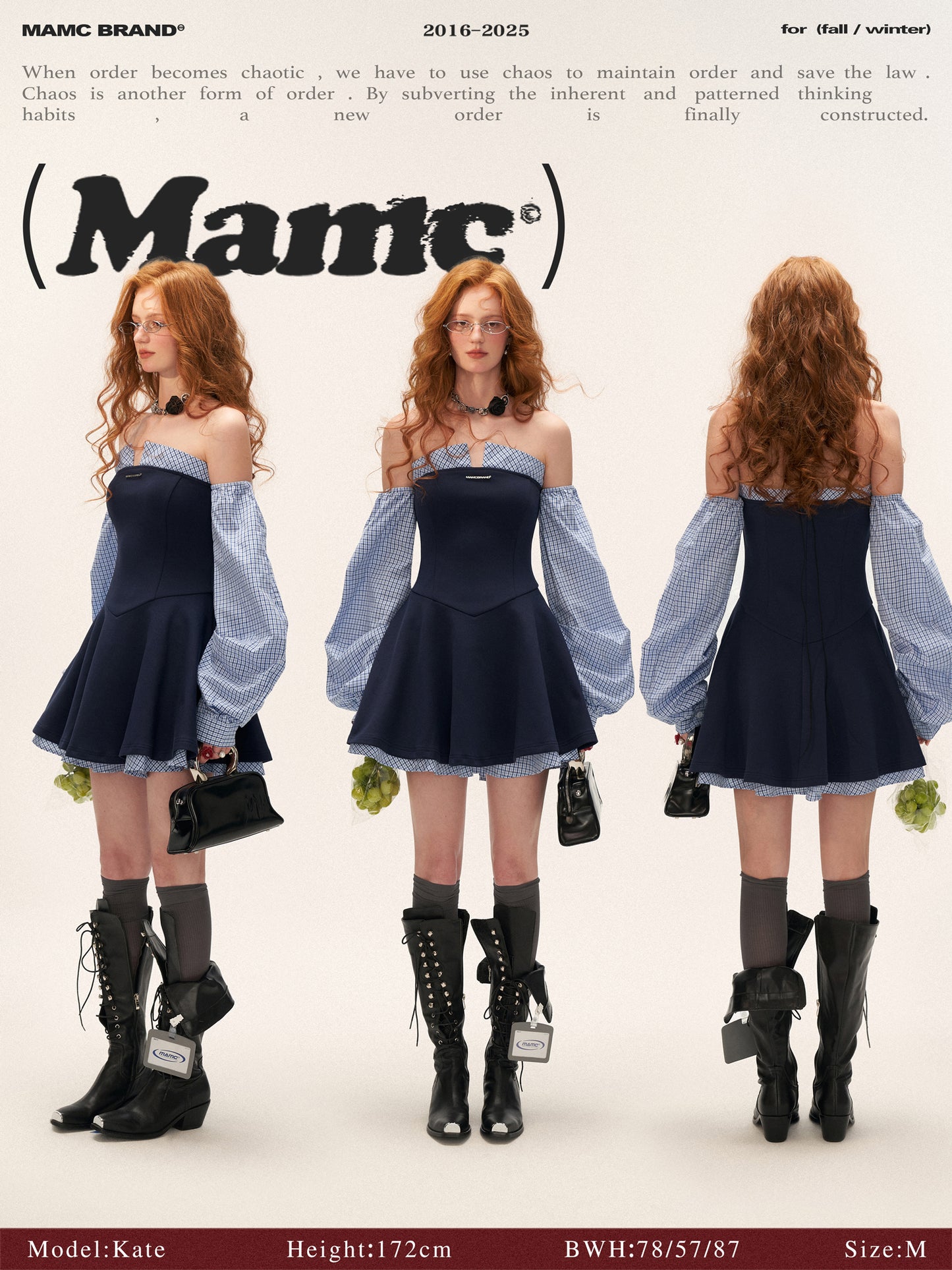 MAMC - Plaid Lantern Sleeve Corset Dress (Navy)