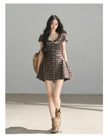"The Camphor Tree in Late May" Chestnut Brown Plaid Peter Pan Collar Babydoll Mini Dress