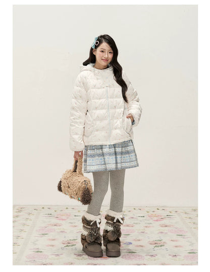 RF - Ivory Floral Print Cropped Hooded Down Jacket with Contrast Lining