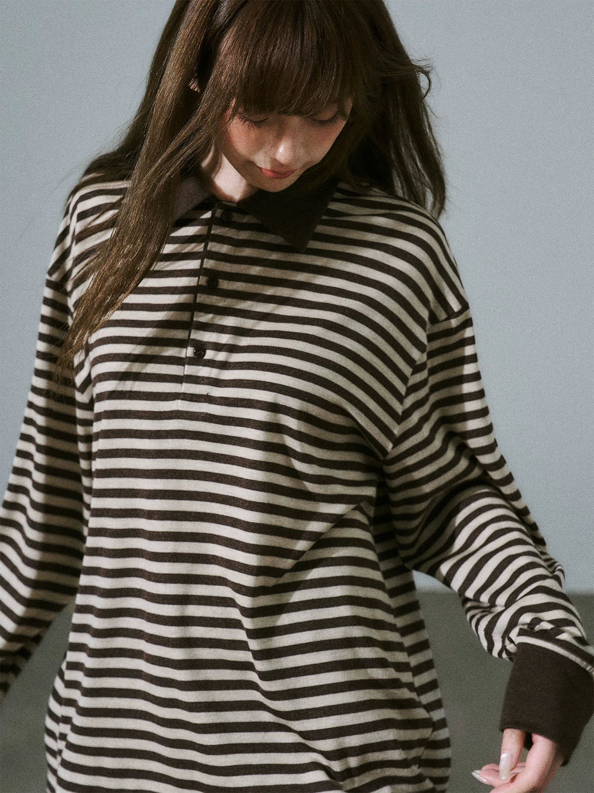 LOST FOREST - Brown Striped Polo Knit Top