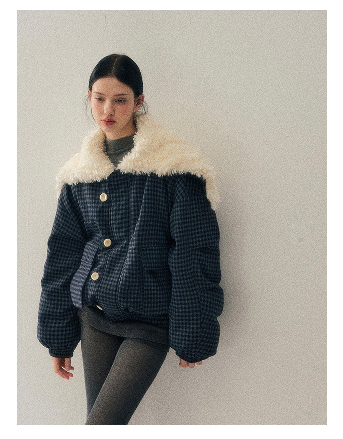 少也眼 “Silent Indigo” Academy Blue Quilted Wool-Collar Jacket