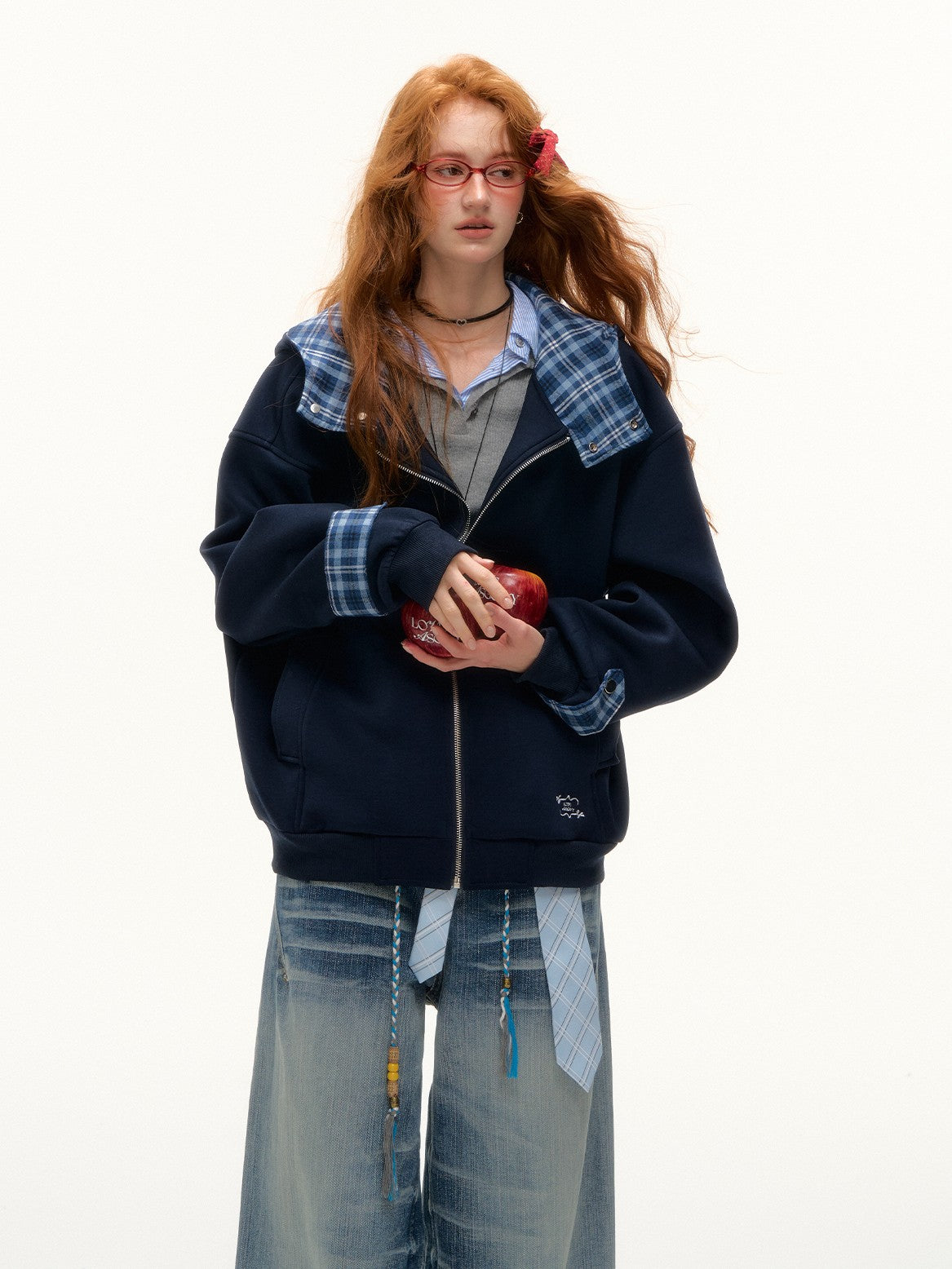 ASGONY - Plaid-Lined Oversized Hoodie Jacket (Navy)