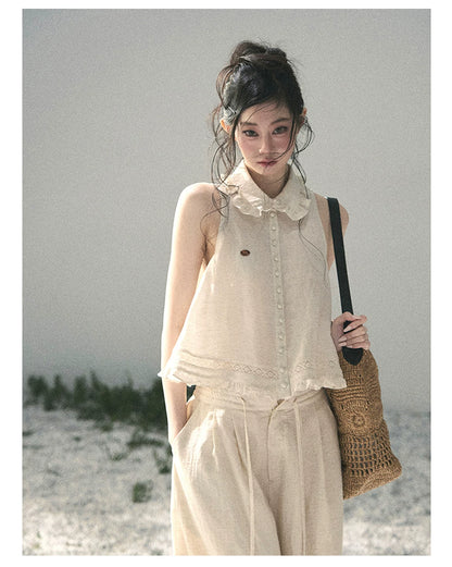 "Soft Cloud Reverie" Dutch Cream Lace Top & Bubble Skirt & Wide-Leg Pants Set 5468465