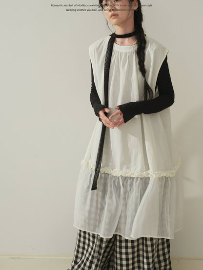 "Floating Veil" Mesh Panel Layering Maxi Dress (Black / White)