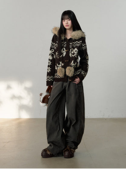 Soote Season - Fair Isle Cream Hooded Toggle Knit Jacket - Deep Roast Brown
