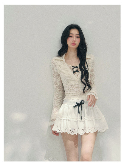 少也眼 “Soft Focus Monologue” Faux-Layer Sheer Lace Tie-Detail Top – Apricot 4563634583