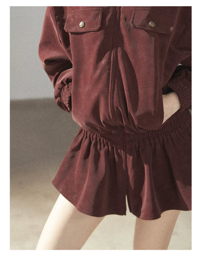 AOMALM - Burgundy PU Suede Jacket & A-Line Shorts Set
