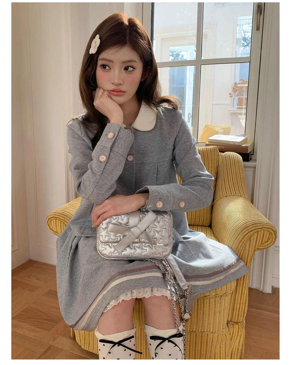 “Misty Academy Reverie” Light Grey Cropped Top & Bubble Mini Skirt