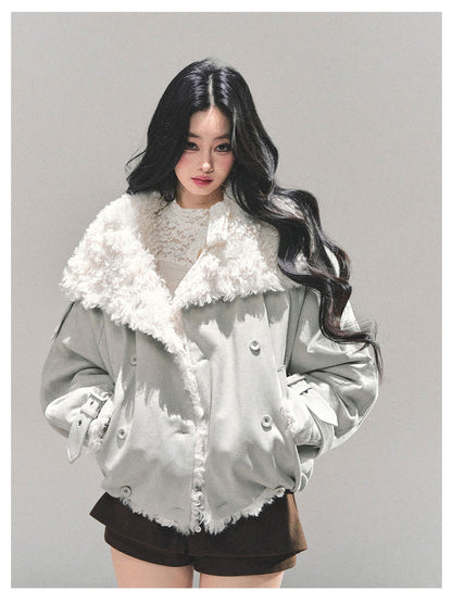 少也眼 "Velveted Winter" Cozy Shearling Fleece Jacket - Light Gray