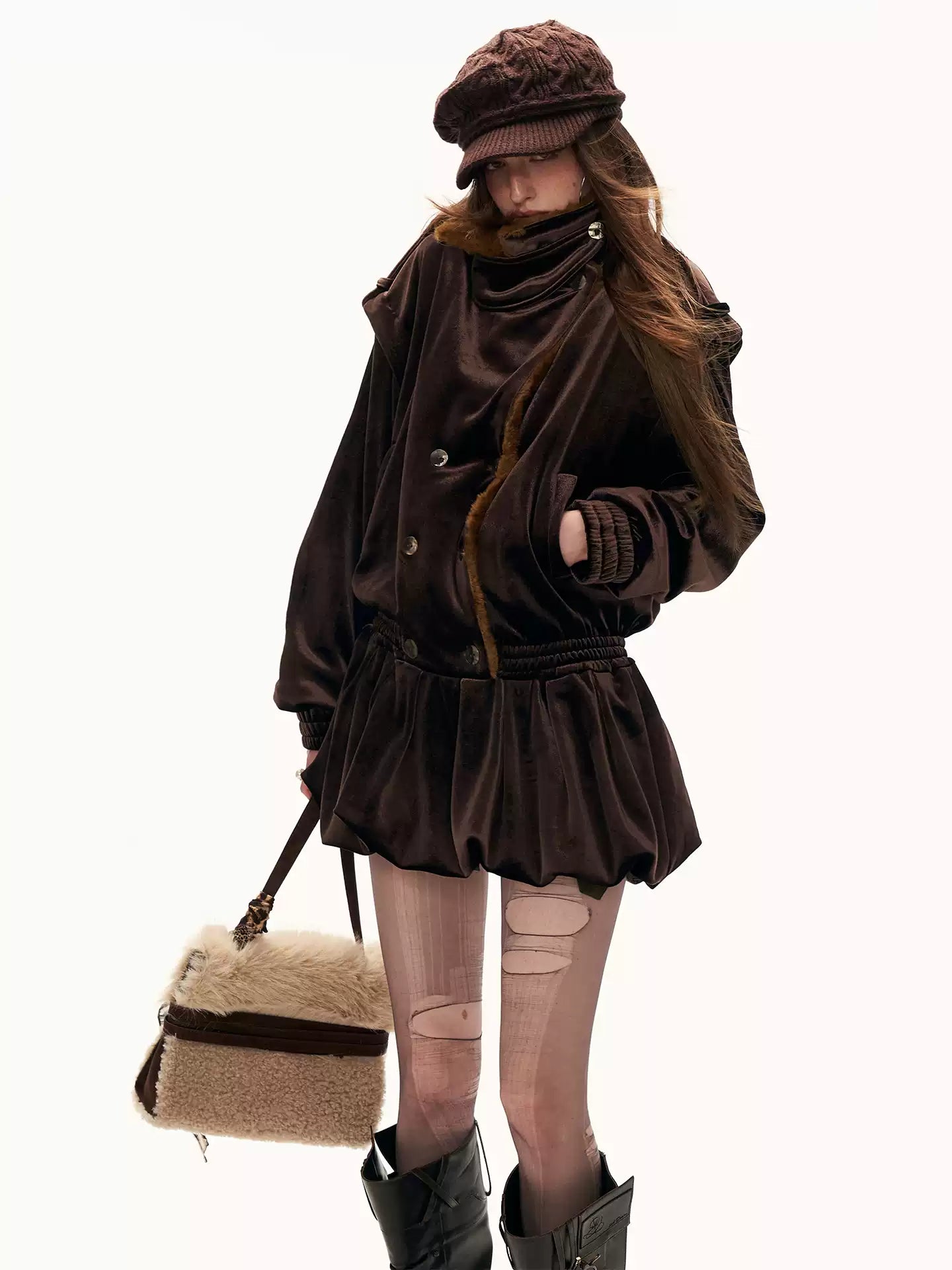 MAMC - Brown Bubble-Hem Faux Fur Panel Dress WE886
